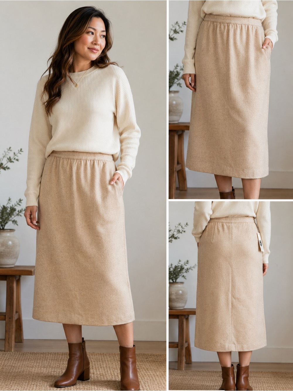 Vintage Everyday Beige Pencil Skirt with Elastic Waist and Pockets